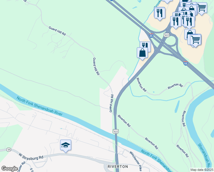 map of restaurants, bars, coffee shops, grocery stores, and more near 3840 Guard Hill Road in Front Royal
