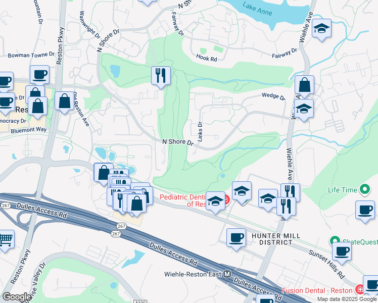 map of restaurants, bars, coffee shops, grocery stores, and more near 1806 North Shore Court in Reston