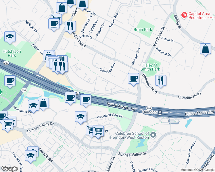 map of restaurants, bars, coffee shops, grocery stores, and more near 2203 Westcourt Lane in Herndon