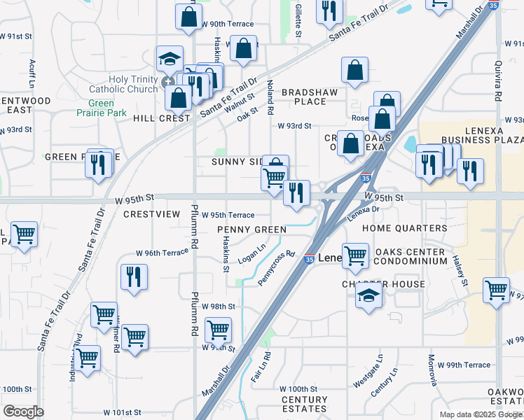 map of restaurants, bars, coffee shops, grocery stores, and more near 13121 West 95th Street in Lenexa