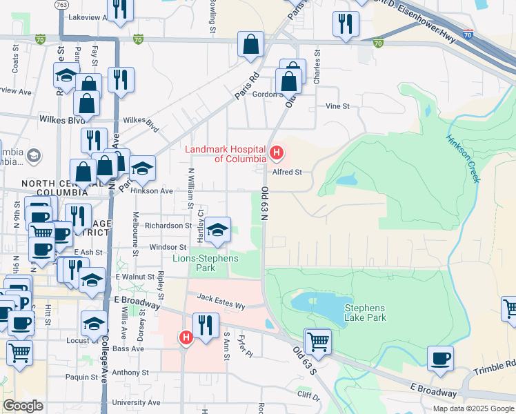 map of restaurants, bars, coffee shops, grocery stores, and more near 381 Old U.S. 63 in Columbia