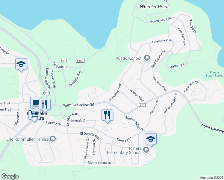 map of restaurants, bars, coffee shops, grocery stores, and more near 10203 El Capitan Way in Kelseyville