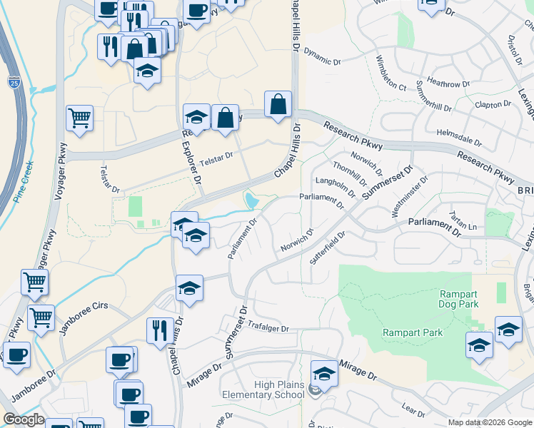 map of restaurants, bars, coffee shops, grocery stores, and more near 880 Chapel Hills Drive in Colorado Springs