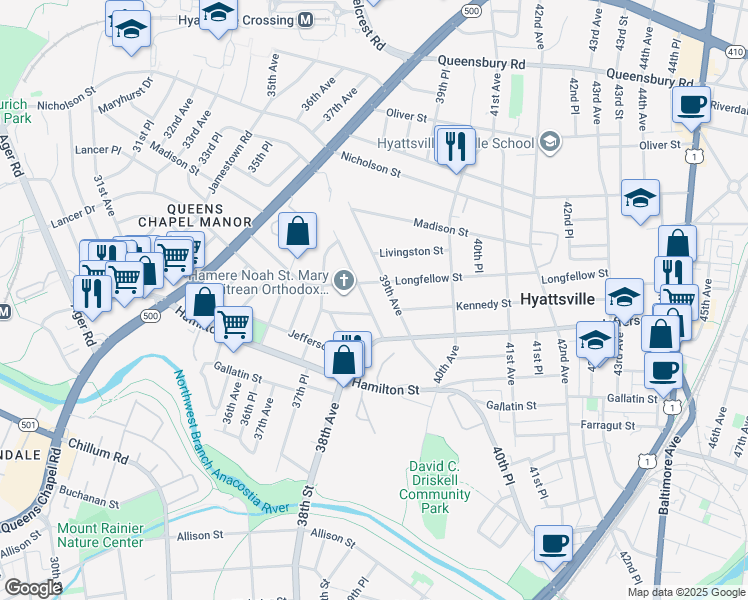 map of restaurants, bars, coffee shops, grocery stores, and more near 101 Independence Avenue Southeast in Washington