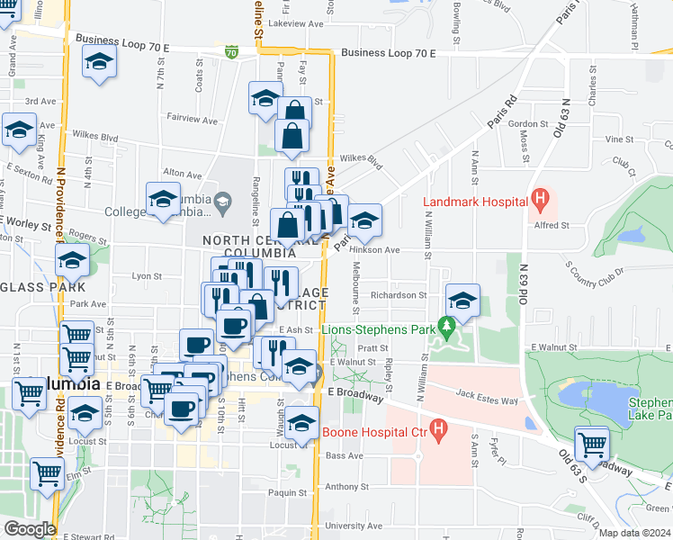 map of restaurants, bars, coffee shops, grocery stores, and more near 1312 Hinkson Avenue in Columbia