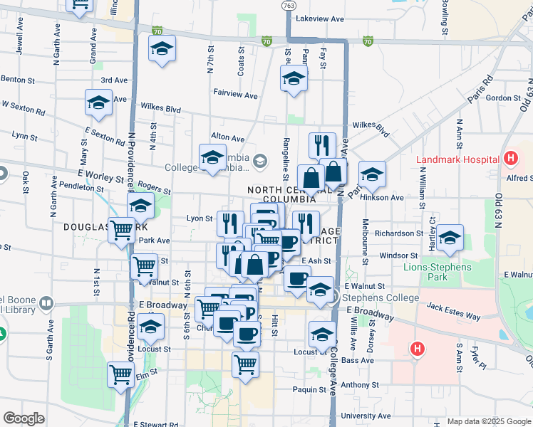 map of restaurants, bars, coffee shops, grocery stores, and more near 904 Rogers Street in Columbia