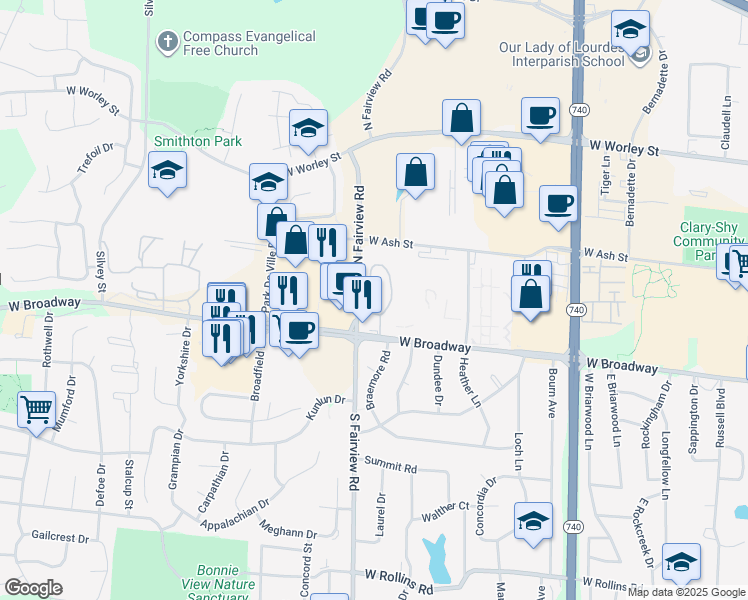 map of restaurants, bars, coffee shops, grocery stores, and more near 2801 West Broadway in Columbia