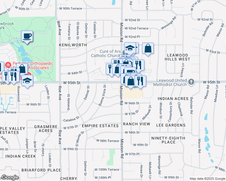 map of restaurants, bars, coffee shops, grocery stores, and more near 9520 Mission Road in Overland Park