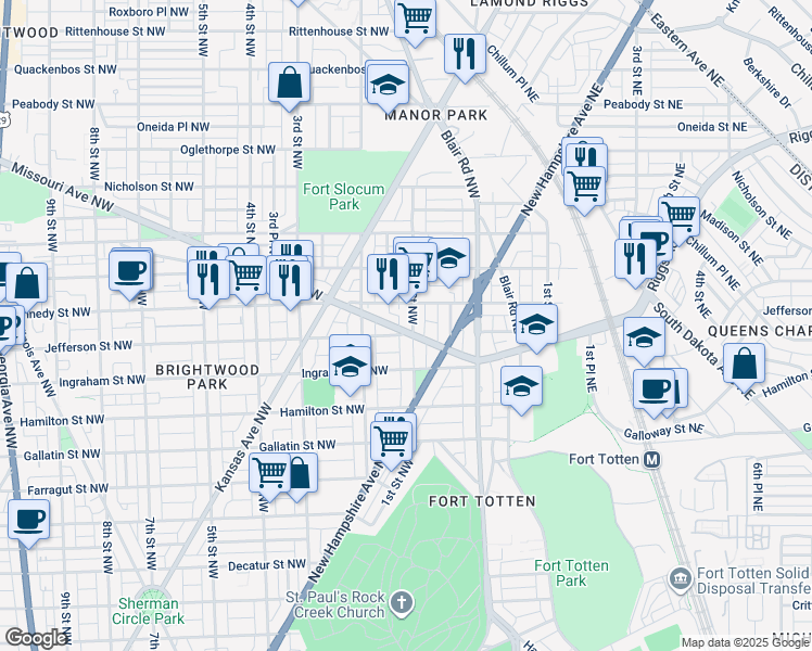map of restaurants, bars, coffee shops, grocery stores, and more near 103 Missouri Avenue Northwest in Washington