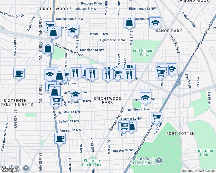map of restaurants, bars, coffee shops, grocery stores, and more near 5419 5th Street Northwest in Washington