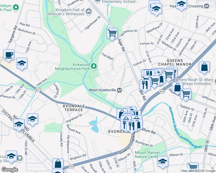 map of restaurants, bars, coffee shops, grocery stores, and more near 5608 Little Branch Run in Hyattsville