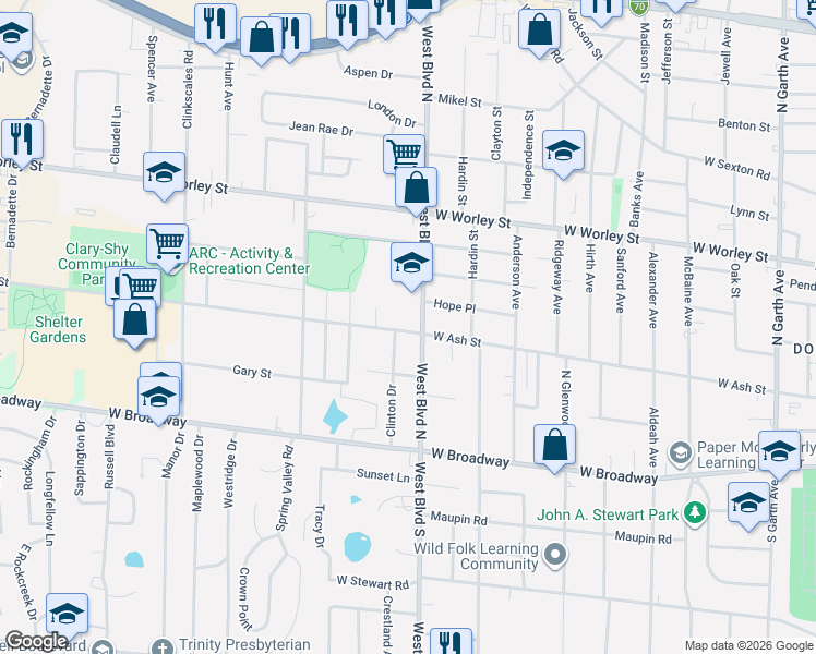 map of restaurants, bars, coffee shops, grocery stores, and more near 213-215 West Boulevard North in Columbia