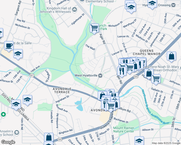 map of restaurants, bars, coffee shops, grocery stores, and more near 5608 Little Branch Run in Hyattsville