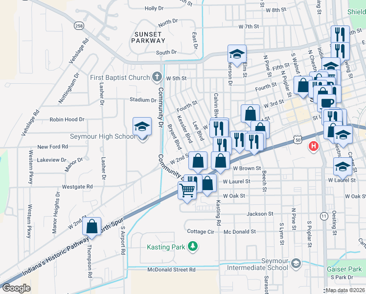 map of restaurants, bars, coffee shops, grocery stores, and more near 212 Kessler Boulevard in Seymour