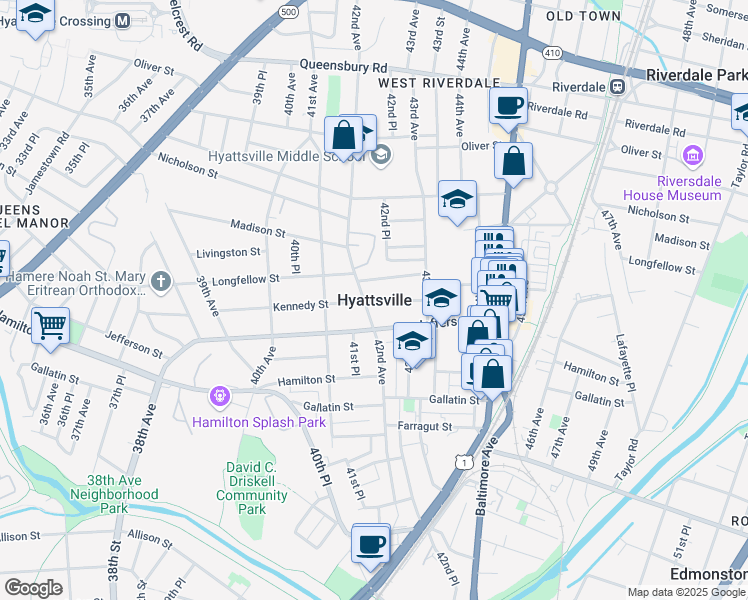 map of restaurants, bars, coffee shops, grocery stores, and more near in Hyattsville