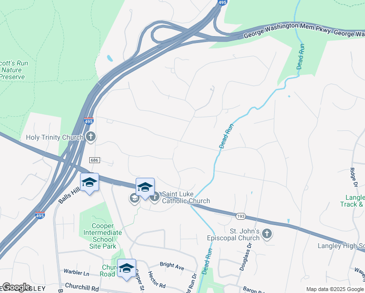 map of restaurants, bars, coffee shops, grocery stores, and more near 6913 Benjamin Street in McLean