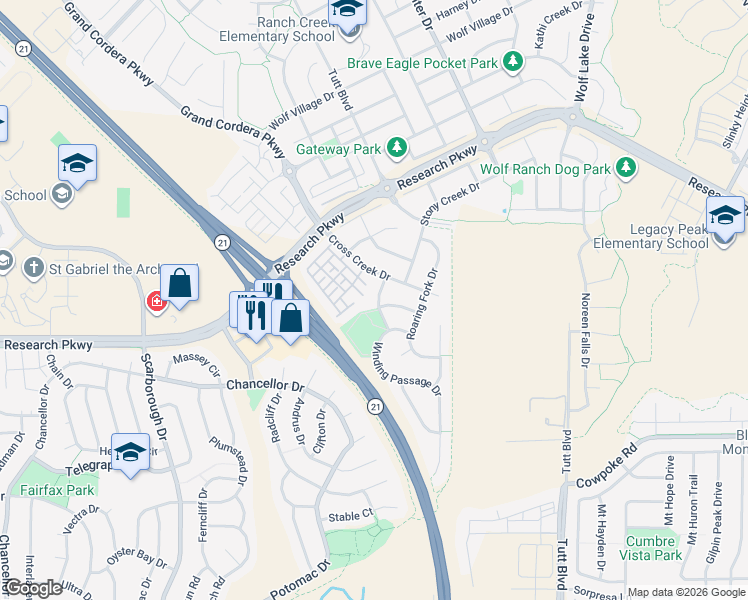 map of restaurants, bars, coffee shops, grocery stores, and more near 8656 Coyote Creek Drive in Colorado Springs