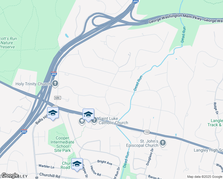 map of restaurants, bars, coffee shops, grocery stores, and more near 6913 Benjamin Street in McLean