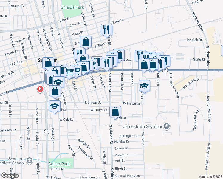 map of restaurants, bars, coffee shops, grocery stores, and more near 603 Centennial Street in Seymour