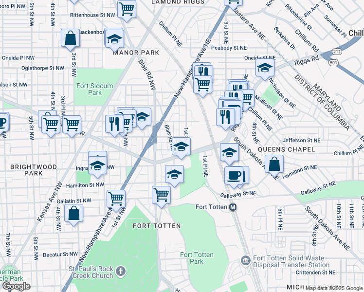 map of restaurants, bars, coffee shops, grocery stores, and more near 5416 1st Street Northeast in Washington