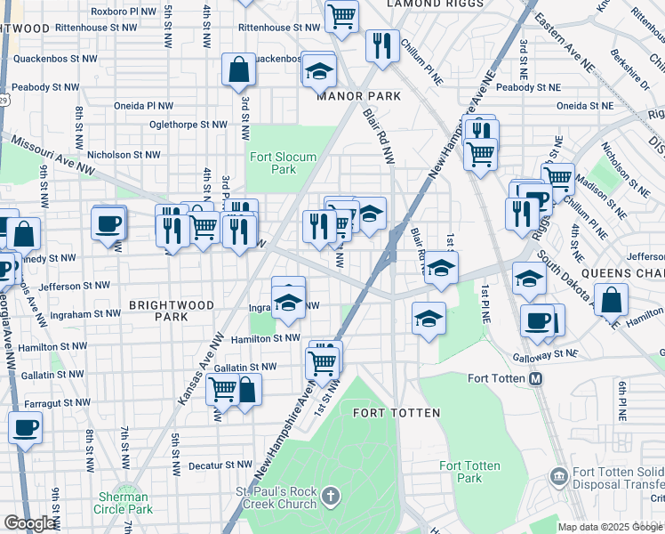 map of restaurants, bars, coffee shops, grocery stores, and more near 103 Missouri Avenue Northwest in Washington