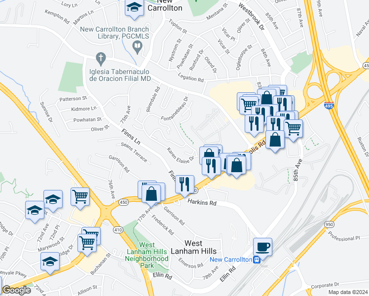 map of restaurants, bars, coffee shops, grocery stores, and more near 5500 Karen Elaine Drive in New Carrollton