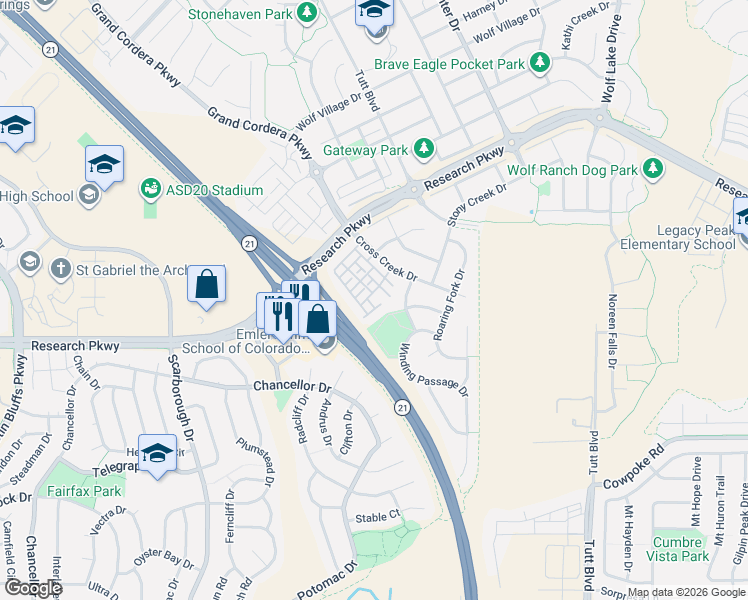 map of restaurants, bars, coffee shops, grocery stores, and more near 5450 Cushing Grove in Colorado Springs