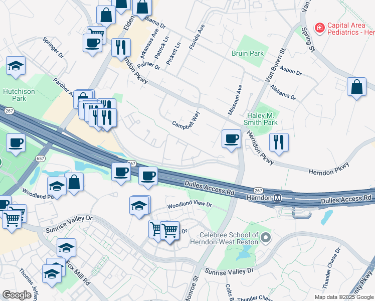 map of restaurants, bars, coffee shops, grocery stores, and more near 2201 Westcourt Lane in Herndon