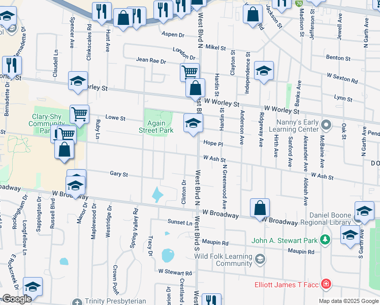 map of restaurants, bars, coffee shops, grocery stores, and more near 213-215 West Boulevard North in Columbia