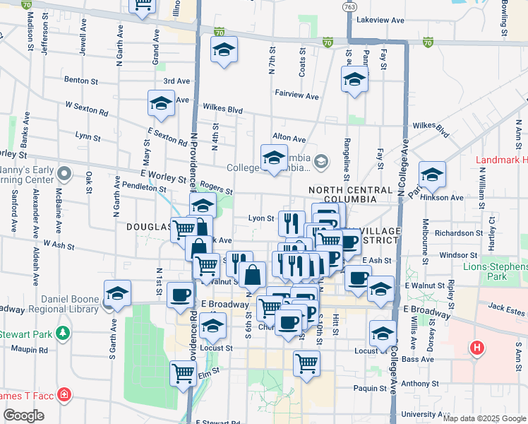 map of restaurants, bars, coffee shops, grocery stores, and more near 402 Circus Avenue in Columbia