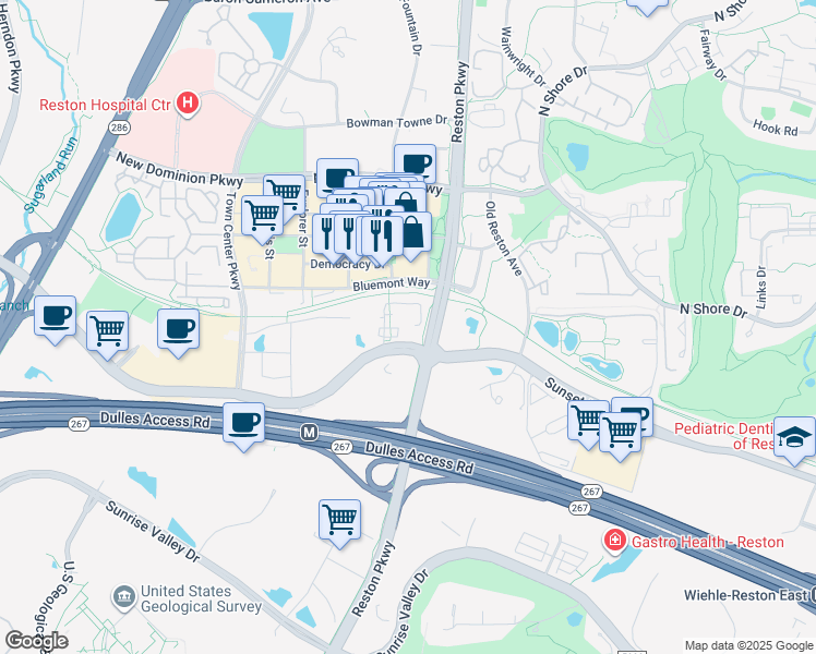 map of restaurants, bars, coffee shops, grocery stores, and more near 12010 Sunset Hills Road in Reston