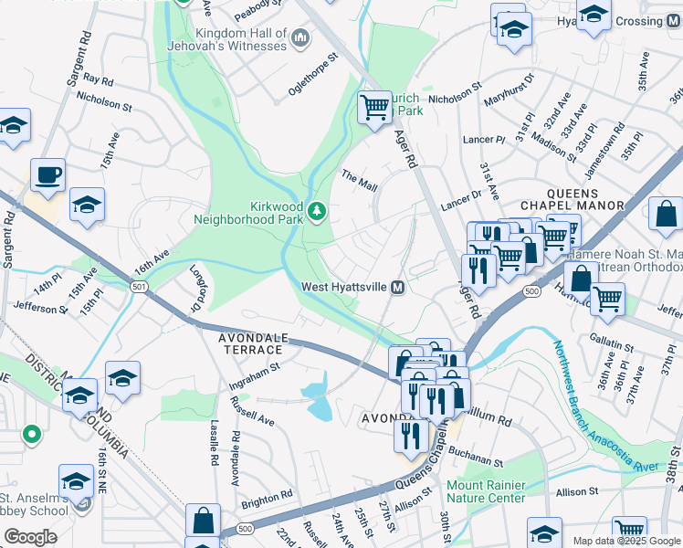 map of restaurants, bars, coffee shops, grocery stores, and more near 2521 River Terrace Road in Hyattsville