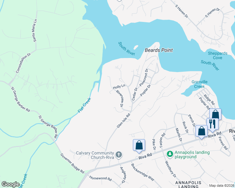 map of restaurants, bars, coffee shops, grocery stores, and more near 2744 Riverview Drive in Riva
