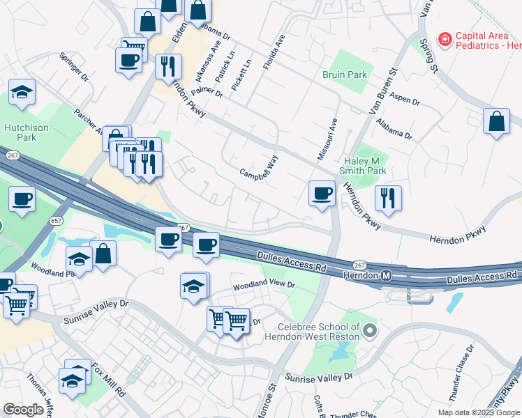 map of restaurants, bars, coffee shops, grocery stores, and more near 2201 Westcourt Lane in Herndon