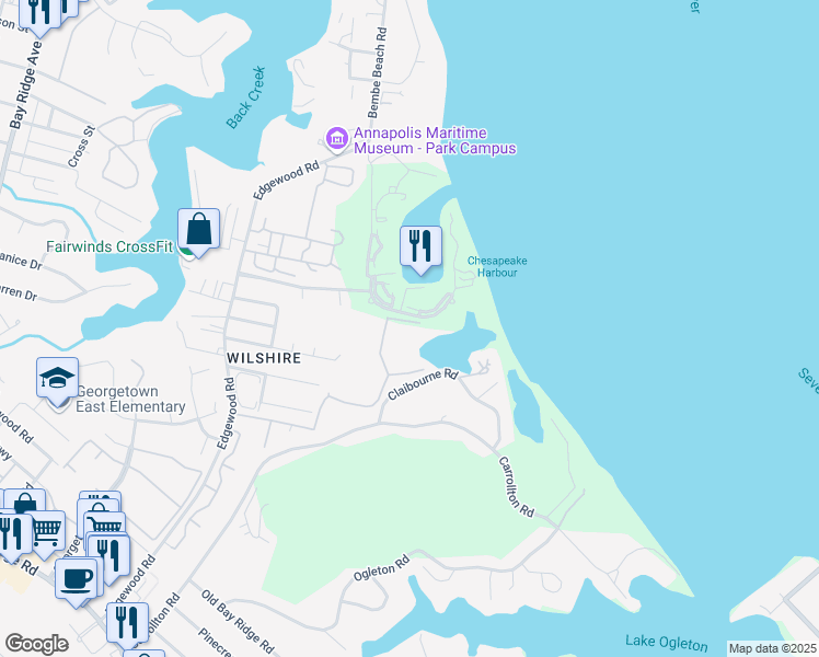 map of restaurants, bars, coffee shops, grocery stores, and more near 1140 Lake Heron Drive in Annapolis