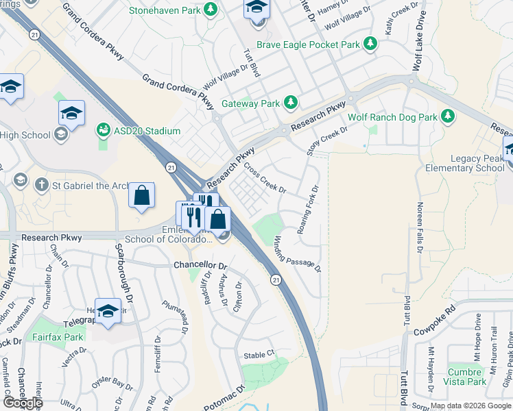 map of restaurants, bars, coffee shops, grocery stores, and more near 5450 Cushing Grove in Colorado Springs