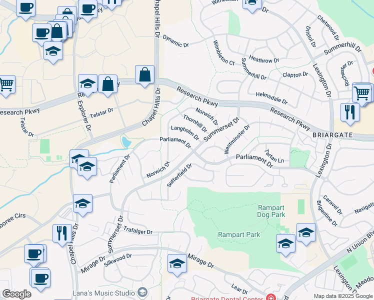 map of restaurants, bars, coffee shops, grocery stores, and more near 2345 Parliament Drive in Colorado Springs