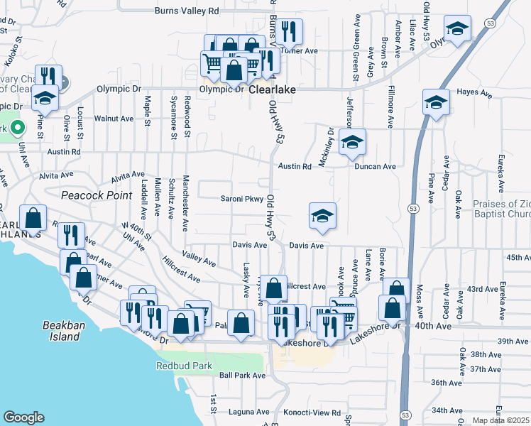 map of restaurants, bars, coffee shops, grocery stores, and more near 3880 Old Highway 53 in Clearlake