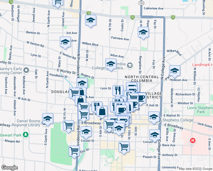 map of restaurants, bars, coffee shops, grocery stores, and more near 402 Circus Avenue in Columbia