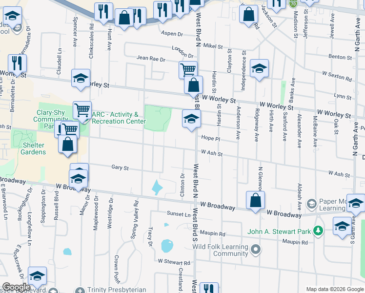 map of restaurants, bars, coffee shops, grocery stores, and more near 213-215 West Boulevard North in Columbia