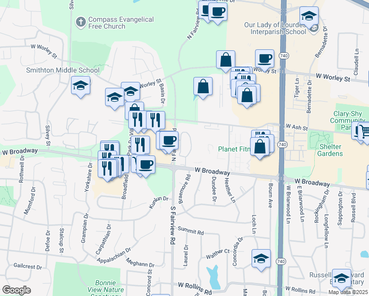 map of restaurants, bars, coffee shops, grocery stores, and more near 2801 West Broadway in Columbia