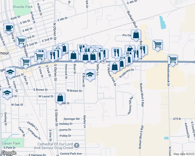map of restaurants, bars, coffee shops, grocery stores, and more near 527 Miller Lane in Seymour