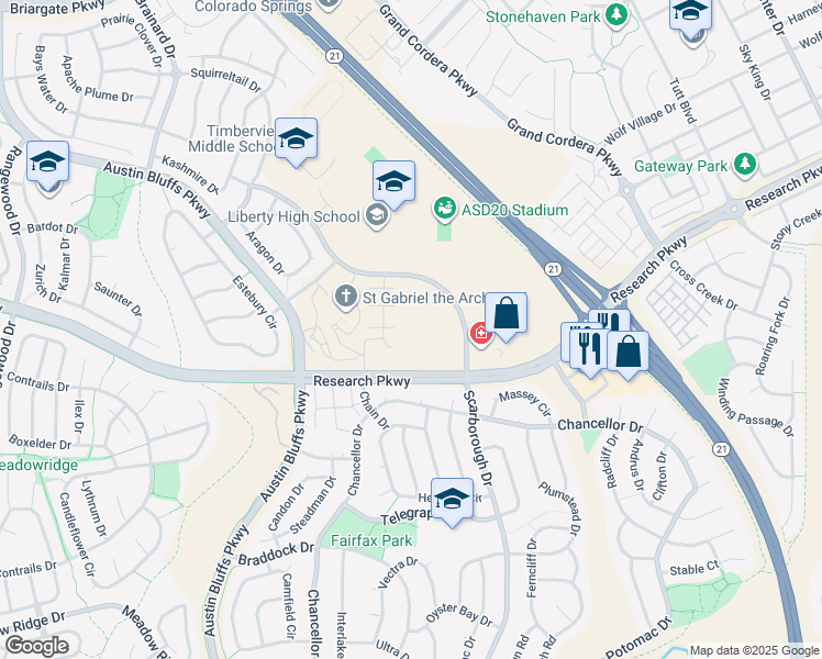 map of restaurants, bars, coffee shops, grocery stores, and more near 8520 Scarborough Drive in Colorado Springs