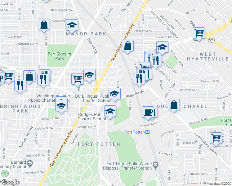 map of restaurants, bars, coffee shops, grocery stores, and more near 5416 1st Street Northeast in Washington