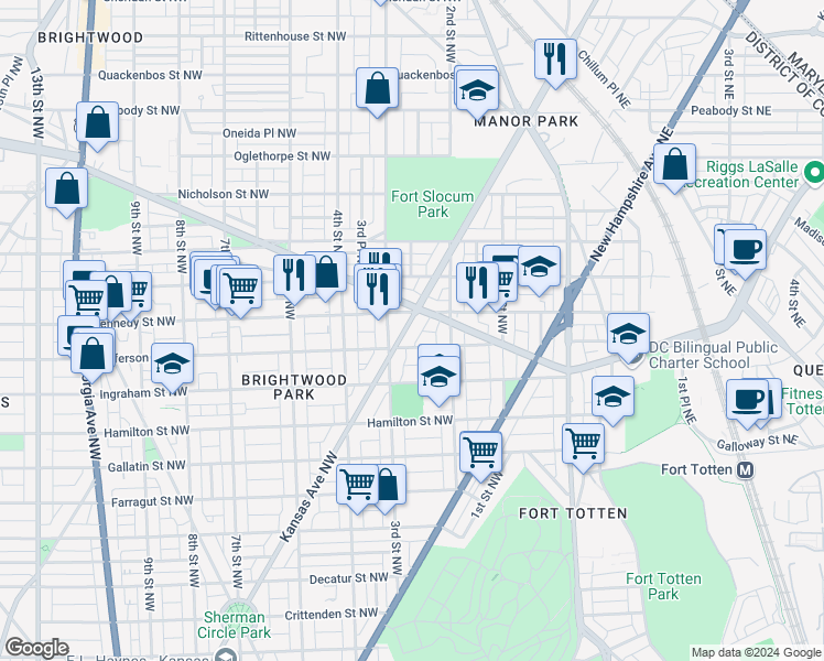 map of restaurants, bars, coffee shops, grocery stores, and more near 5415 Kansas Avenue Northwest in Washington