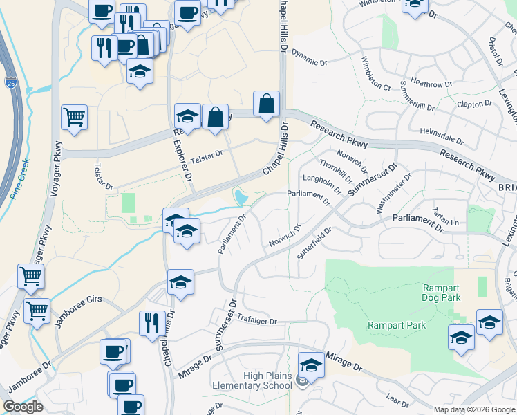 map of restaurants, bars, coffee shops, grocery stores, and more near 2215 Parliament Drive in Colorado Springs