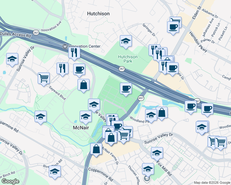 map of restaurants, bars, coffee shops, grocery stores, and more near 2324 Wind Charm Street in Herndon