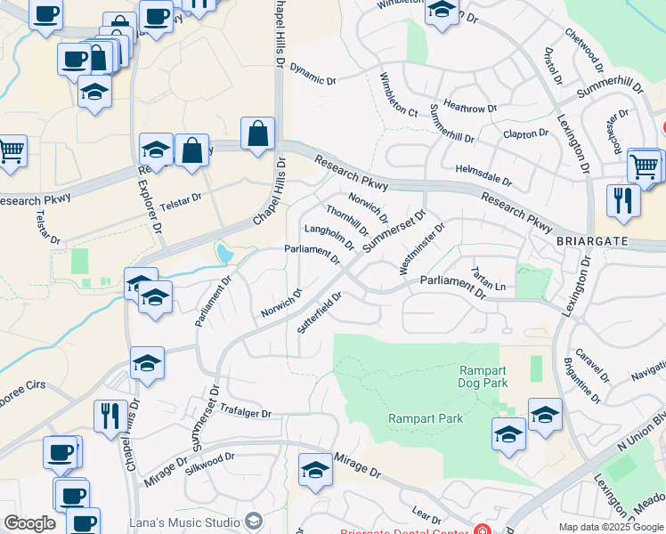 map of restaurants, bars, coffee shops, grocery stores, and more near 2345 Parliament Drive in Colorado Springs