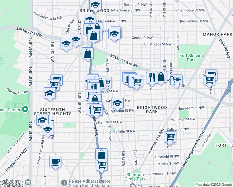 map of restaurants, bars, coffee shops, grocery stores, and more near 810 Kennedy Street Northwest in Washington