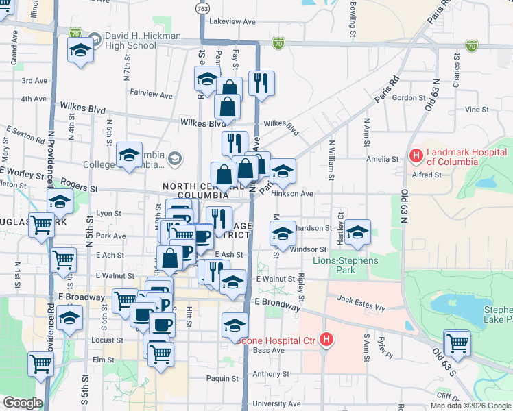 map of restaurants, bars, coffee shops, grocery stores, and more near 414 North College Avenue in Columbia
